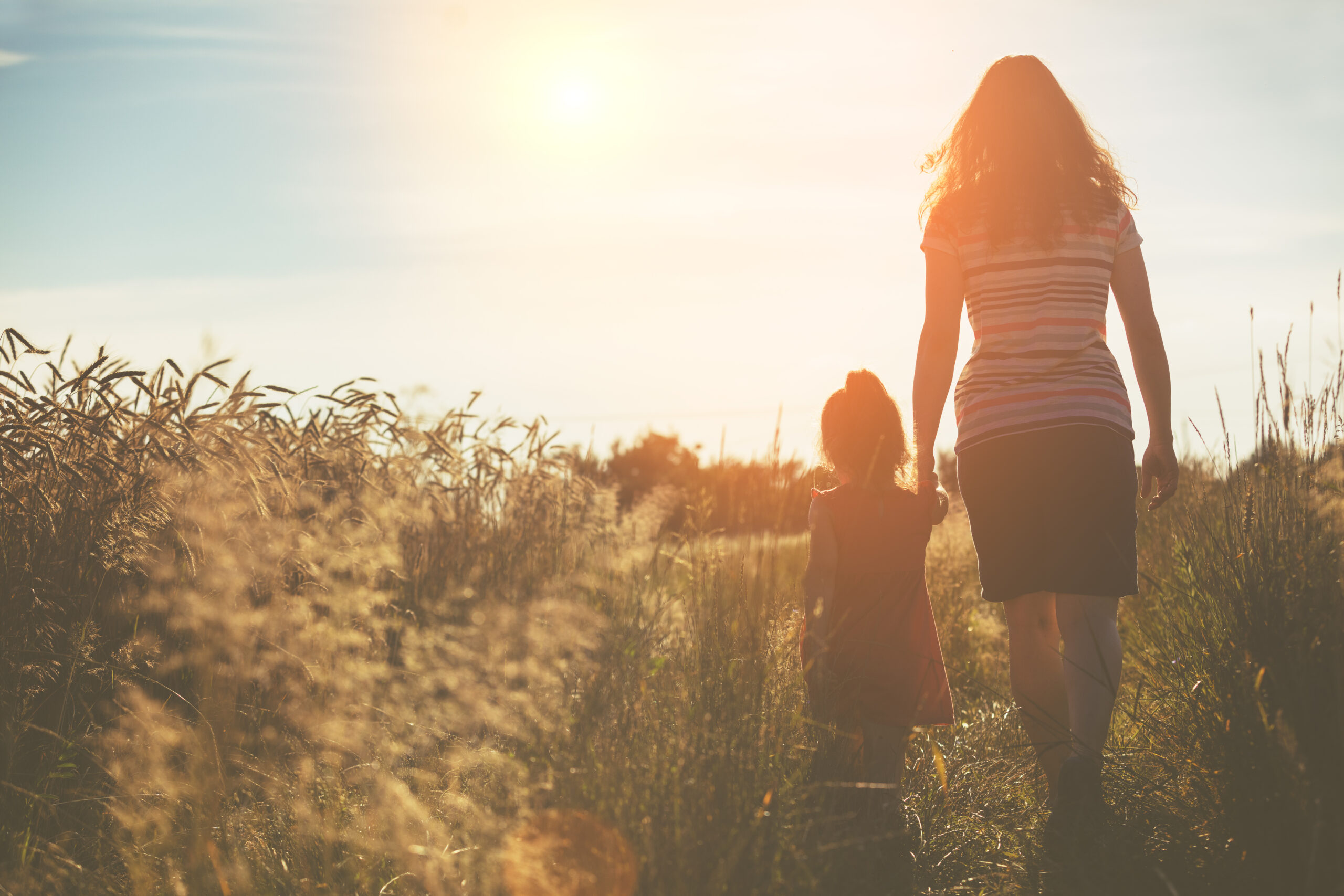 Happy mother walking with little daughter outdoors in summer. The mother and kid walk in the field back to camera. Happy childhood (family) and Mother’s Day concept